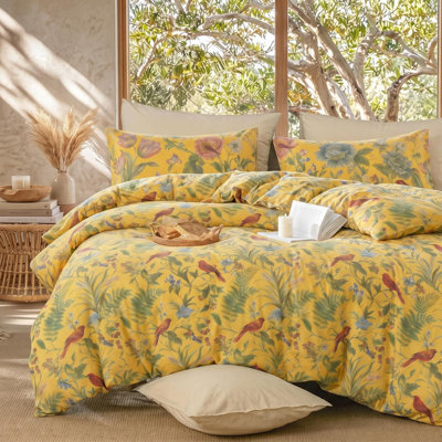 100% Cotton Botanical Duvet Cover King Size – Yellow Bird Floral Duvet Cover Set, 3 Pieces Soft Breathable Duvet Cover with Zipper Closure