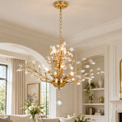 29.5" 7-Light Branch & Floral Crystal Chandelier, Antique Bronze Iron Crystal Pendant Light for Living Room Dining Room Foyer