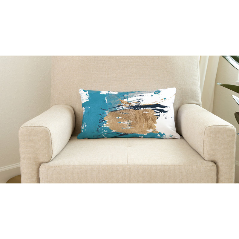 Coussin lombaire intérieur / extérieur abstrait Sarian, Turquoise / or / blanc
