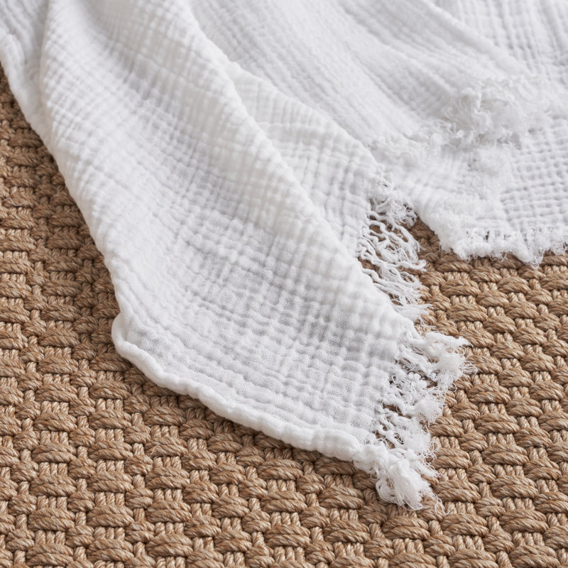White Cotton Muslin Throw Blanket with Fringe Ends