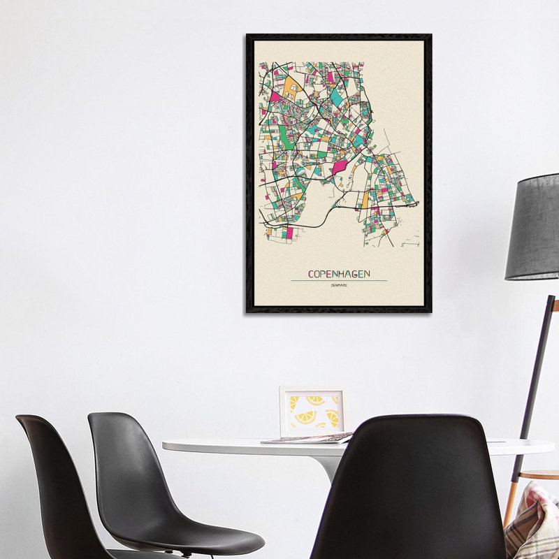 Copenhagen, Denmark Map by Ayse Deniz Akerman - Floater Frame Print on Canvas, Black Framed, 101.6 cm H x 66.04 cm W