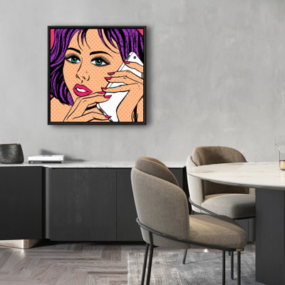 Pop Art Style Lady on Phone Canvas - Purple Retro Frame