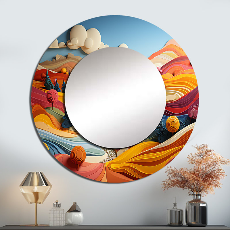 Rondrick Whimsical Fields Of Color Landscape - Countryside Unique Wall Mirror Decor, Yellow Large Round Mirror, Printed Metal Art