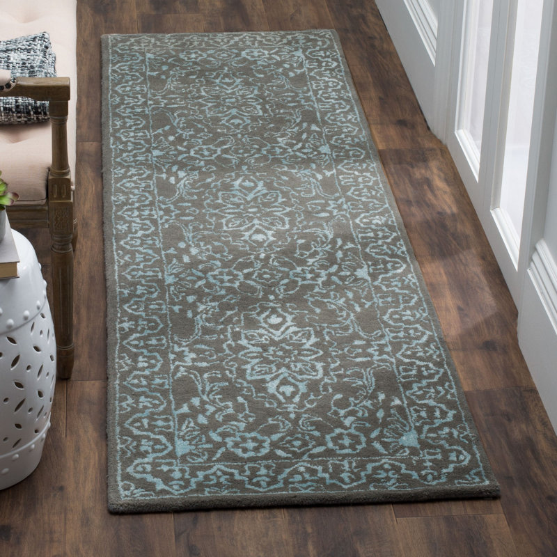 Tapis oriental en viscose / laine touffeté à la main bleu / gris foncé Samaniego, Tapis de couloir 2 pi 3 po x 8 pi