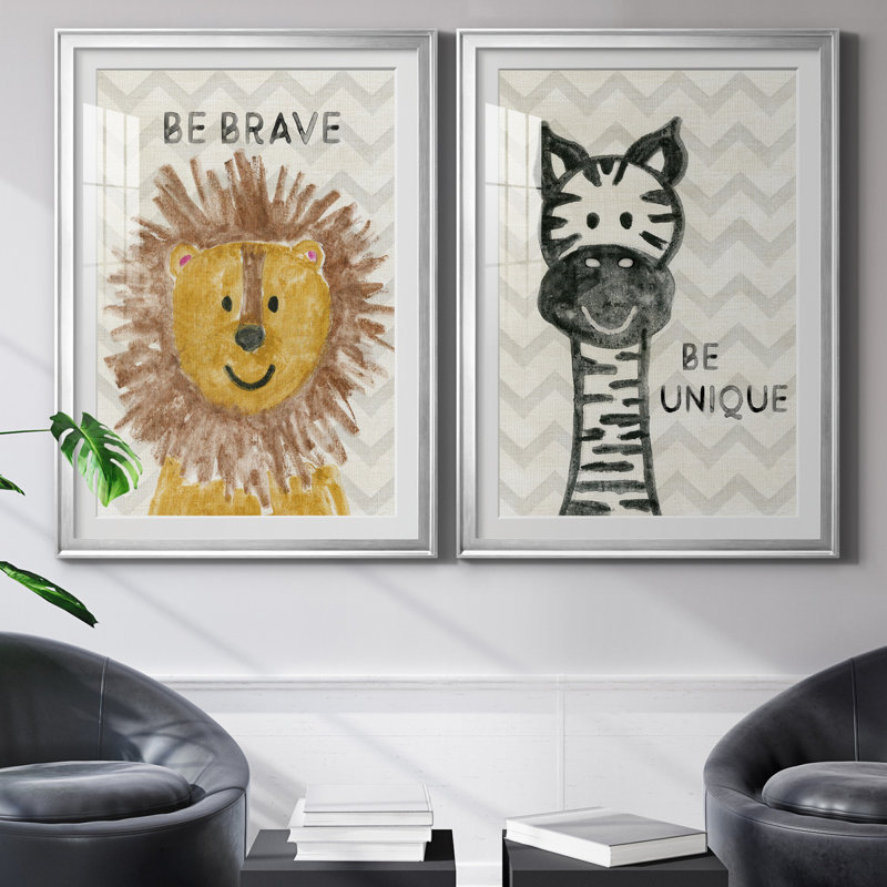 Safari Be Brave - ensemble de 2 reproductions, H 30,5 po x l 85 po x P 1,5 po, Papier avec cadre argenté, Blanc