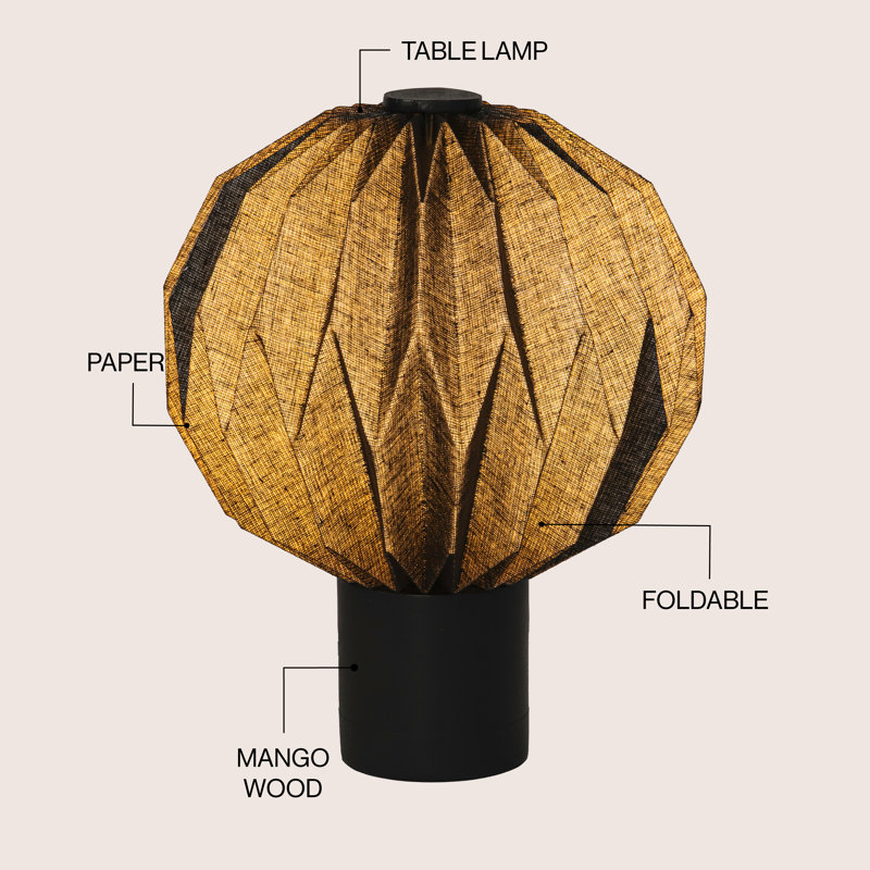 Lampe de table moderne à DEL ornée de papier plissé Quincy, Noir
