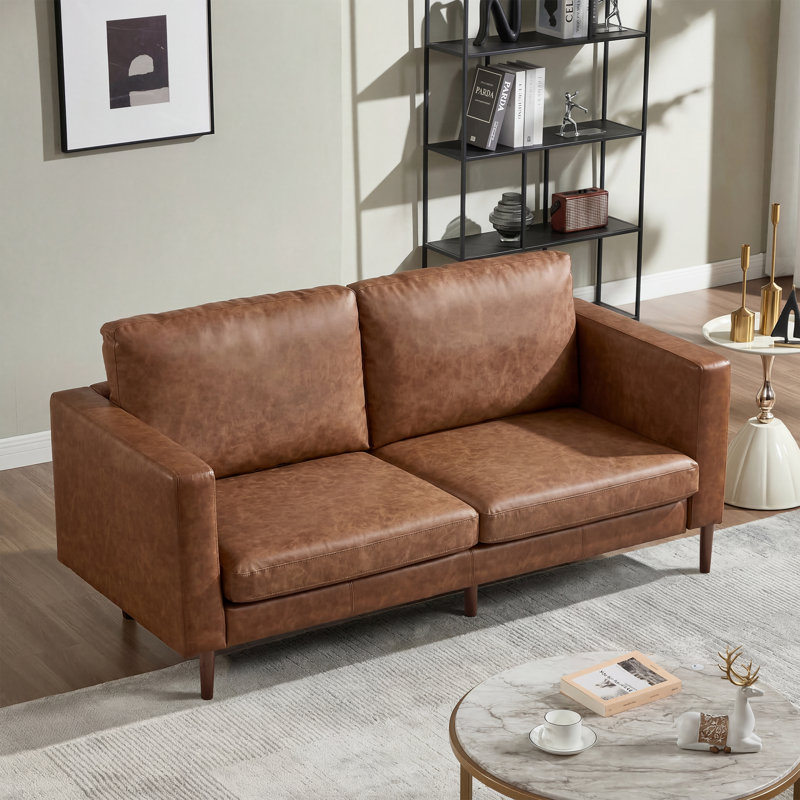 Causeuse à accoudoirs carrés en similicuir 65 po avec coussins réversibles Ashvini, Brun / bois espresso