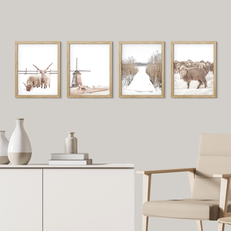 «Winter Country Farm», ensemble de 4 moulins à vent, décorations murales encadrées sur papier, impression 4 pièces, Naturel