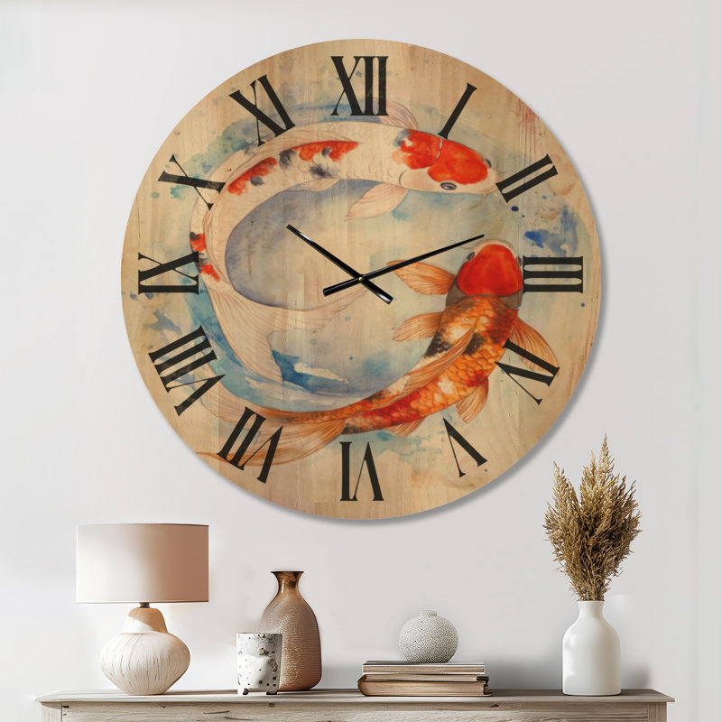 Très grande horloge murale en bois silencieux - Poissons Koi nageant en cercle, Oversized