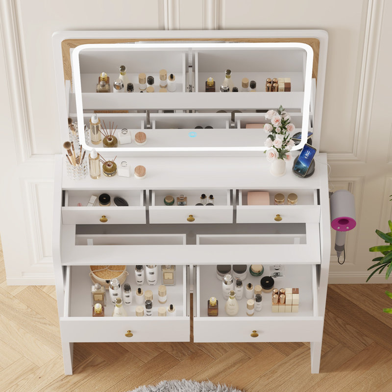 Grand meuble-lavabo de maquillage avec miroir DEL, bureau de meuble-lavabo à plateau en verre avec 5 tiroirs et tabouret, éclairage 3 couleurs, prise de courant intégrée et ports USB, blanc