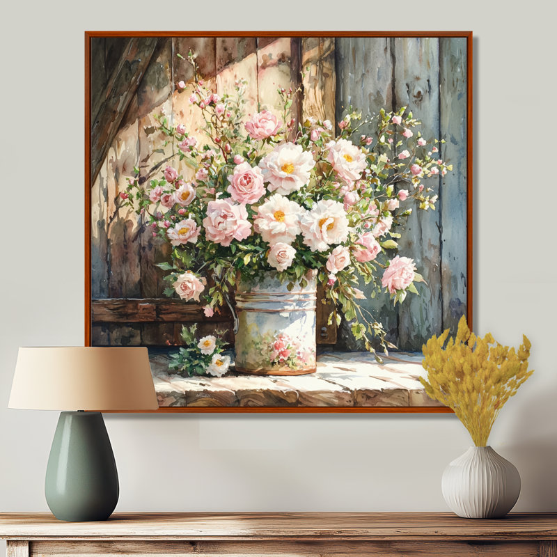 «Dontonio Summer Blush Rose Bouquet At The Barn I» - roses, art mural, Impression encadrée flottante, Brun, H 16 po x l 16 po