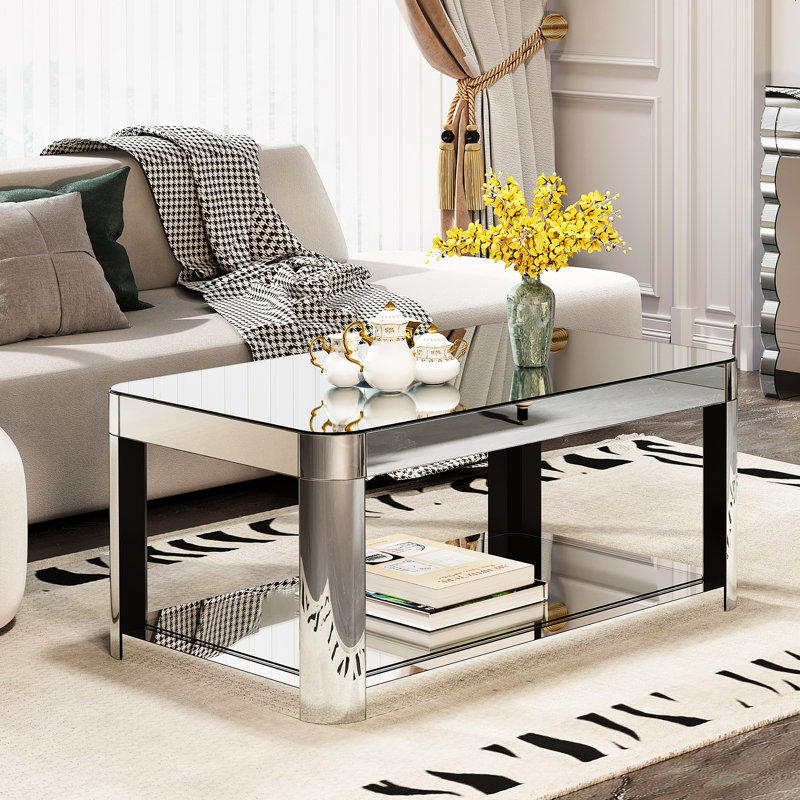 Table basse rectangulaire en verre miroir au design moderne, finition argentée, verre de haute qualité, rangement ouvert, facile à nettoyer, sur pied, plateau en verre, biseautée