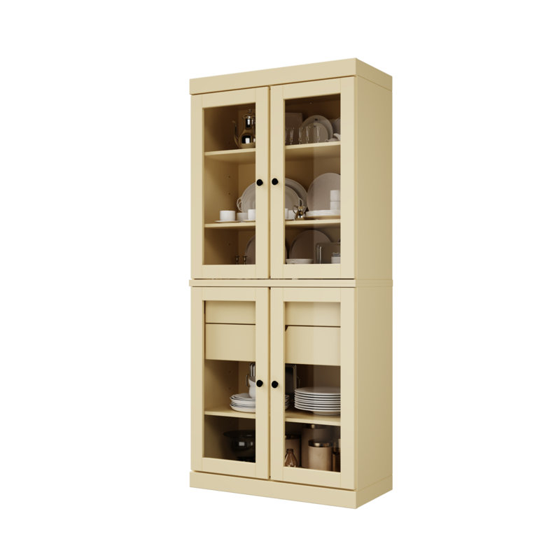 Garde-manger 100% bois massif Kaniesha 32 po avec portes en verre transparent, 2 tiroirs et tablettes réglables, Jaune