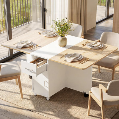 Table de salle à manger pliante pour 4 à 6 personnes, table de cuisine à abattants peu encombrante avec tiroirs, étagères et roulettes