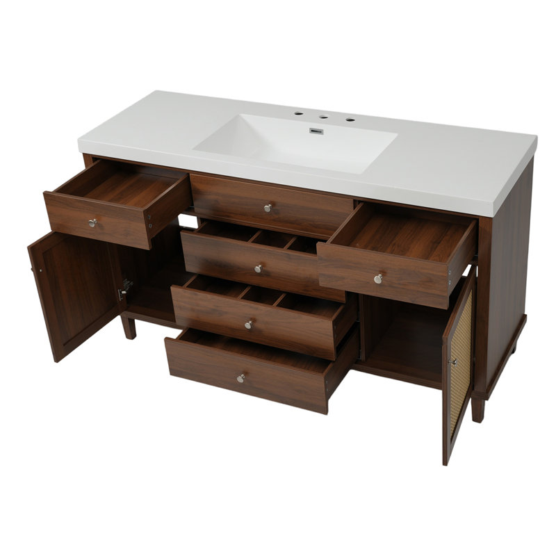 Meuble-lavabo moderne de 60 pouces avec lavabo en SMC, armoire en MDF et tiroirs à fermeture amortie.