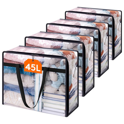 45L Clear Clothes Storage Bags,Plastic Foldable Blanket Storage Bag,4 Pack Vinyl Foldable Moving Bags with Zipper, Closet Organizers and Storage Containers for Bedding, Duvet, Comforter