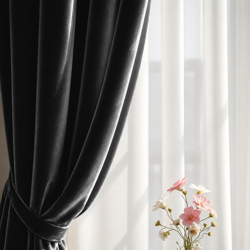 Pittsboro Crushed Velvet Eyelet Windows Panel Curtains, 168cm Width x 183cm Drop, Black