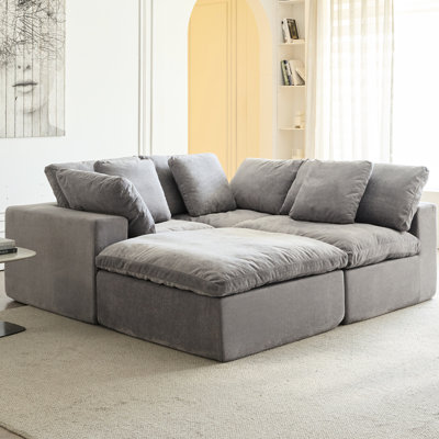 Gray Cloud Modular Sectional , Corduroy L Shaped 4 - Seat Couch With , Deep For Living Room, High Density Sponge Cushion, Quality Fabric, Quadruple Packaging Safe Transport 1 Seat, Sponge,
