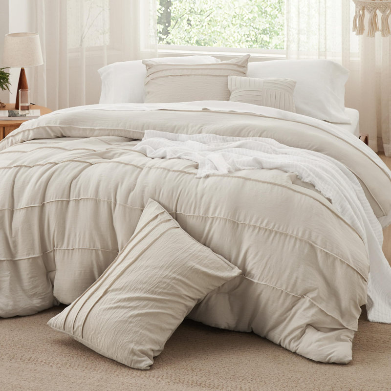 Bedsure Boho Comforter Set - Pinch Pleat Design for All Seasons, Soft Bedding Kit, Beige