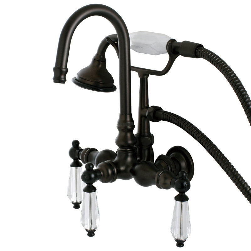 Kingston Brass Wilshire Three-Handle 2-Hole Tub Wall Mount Clawfoot Tub Faucet with Hand Shower, Oil Rubbed Bronze