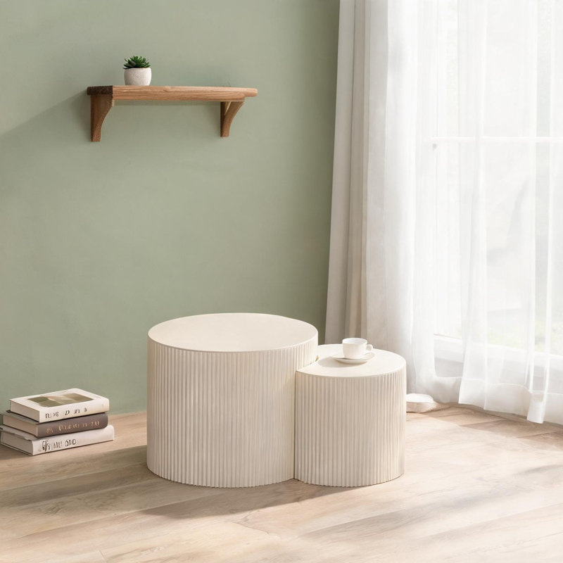 Table basse 33,86 po en panneau de fibres à densité moyenne avec relief fabriqué à la main, beige et blanc, sans assemblage