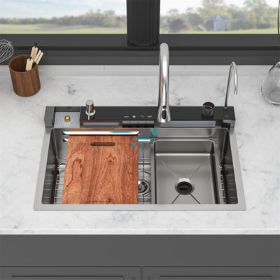 30" Kitchen Sink Waterfall Sink - 30 X 19 X 9 Inch Multifunction Single Bowl 16 Gauge Stainless Steel Ledge Workstation Smart Top Mount Kitchen Sinks