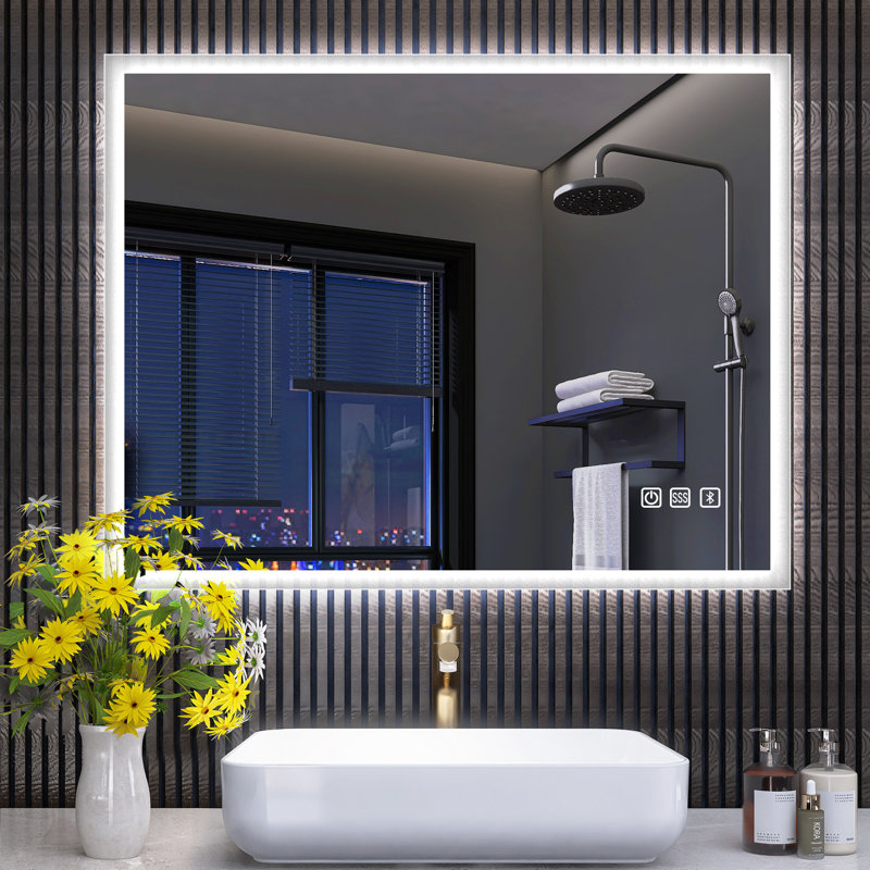 Wall-Mounted Bathroom Mirror with Lights, Fog-free, Inside Bluetooth Speaker, 60cm H x 80cm W