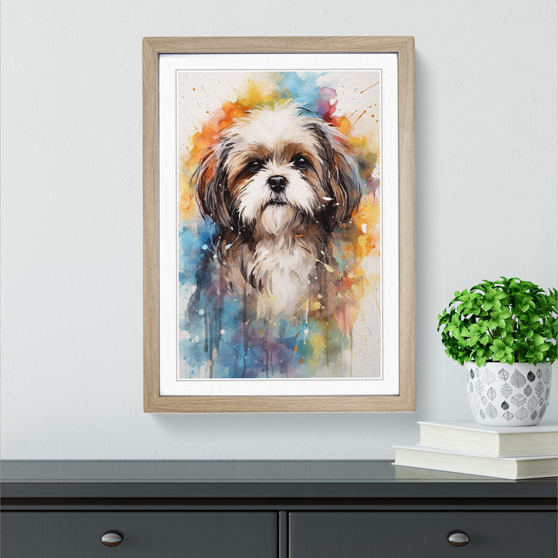Shih Tzu Action - Single Picture Frame Print on Wood, 46cm H x 34cm W x 2cm D, Oak