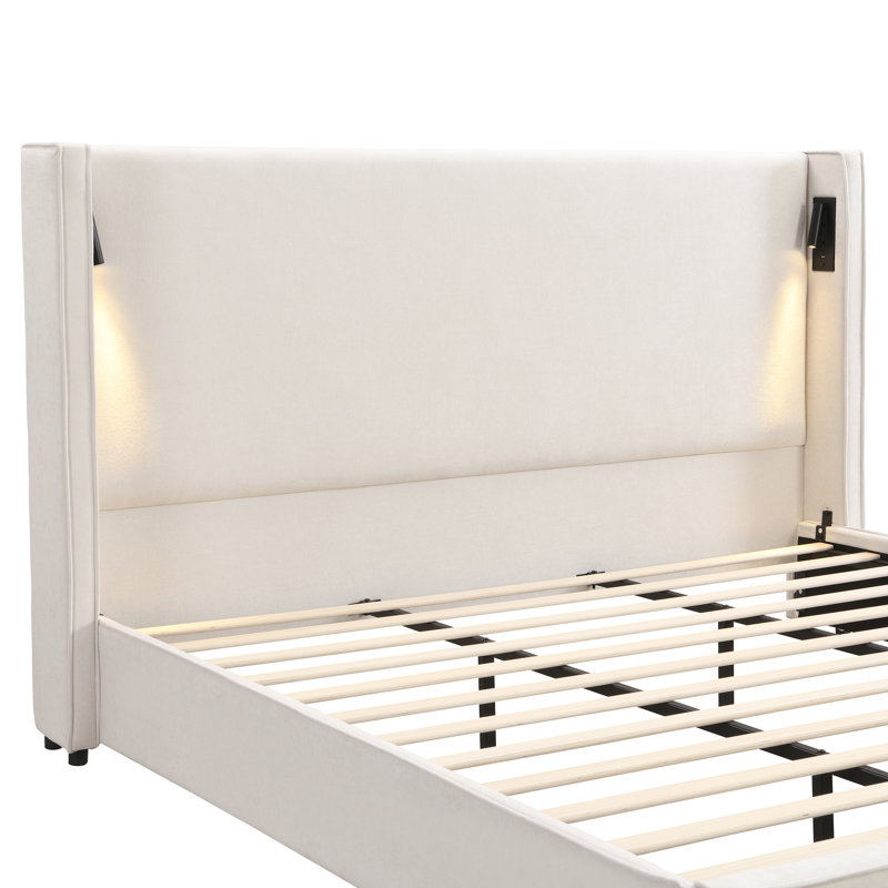 Très grand lit, cadre de lit, beige, rembourrage à oreilles haut, lampe de lecture réglable, mousse douce, sans sommier, tête de lit à oreilles facile à installer, assemblage simple