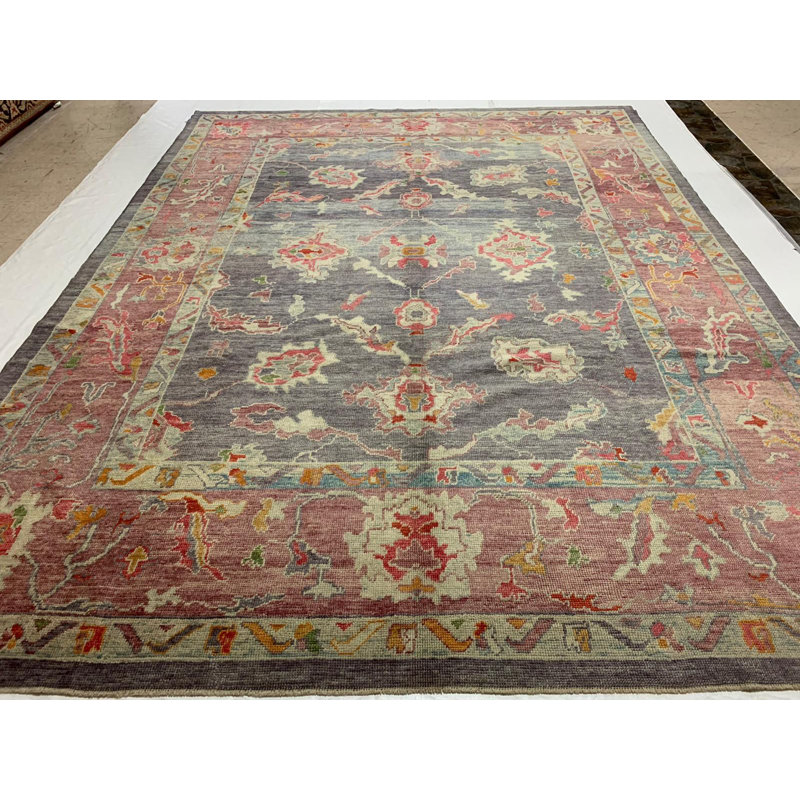 Tapis Oushak rétro noué à la main de conception unique 9 pi 6 po x 12 pi 4 po Anatolian