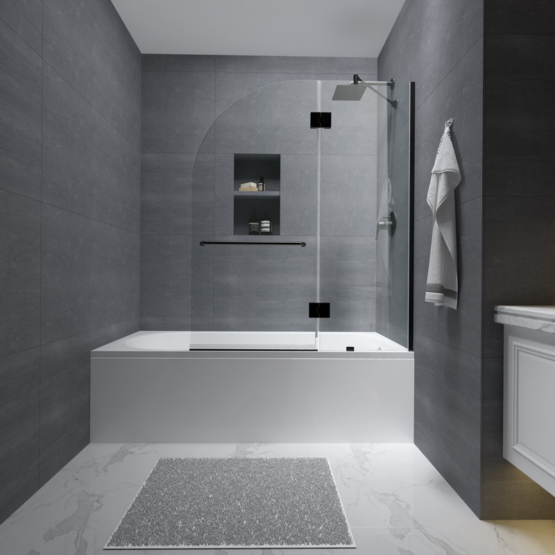 Julien 48" W x 58" H Hinged Frameless Tub Door with Heat Soaking Process and Protective Coating Treatment, Black