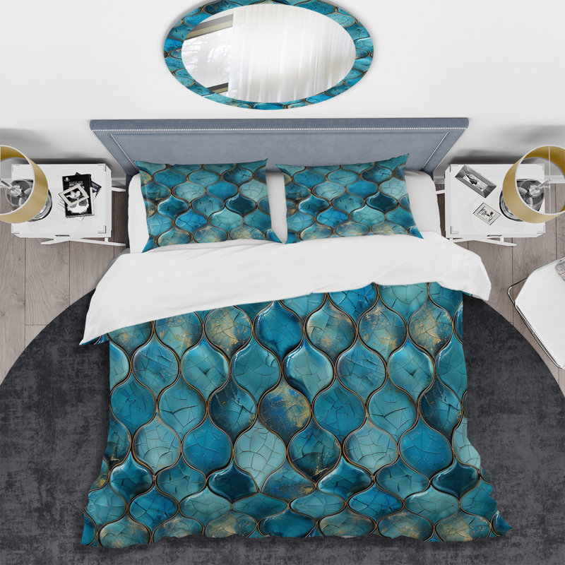 Ensemble de housse de couette Turquoise Metallic Octagon I - Glam, Housse de couette pour grand lit + 2 taies décora