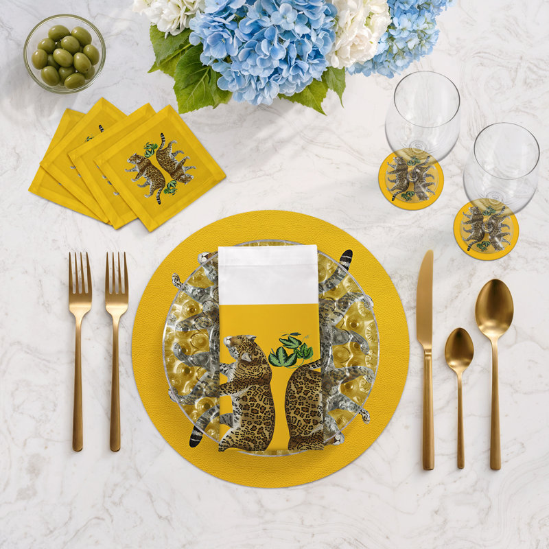 Sous-verres ronds en cuir vegan jaune Leopard, Jaune