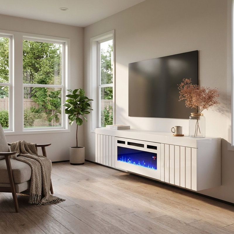 Floating 70.9" Modern TV Stand with Electric Fireplace, High Gloss Finish, Wall-Mounted, White