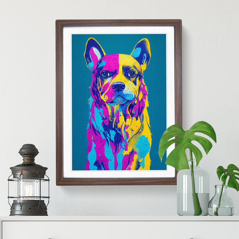 Colourful Dog No.2 Abstract - Single Picture Frame Painting, 34cm H x 25cm W x 2cm D, Walnut