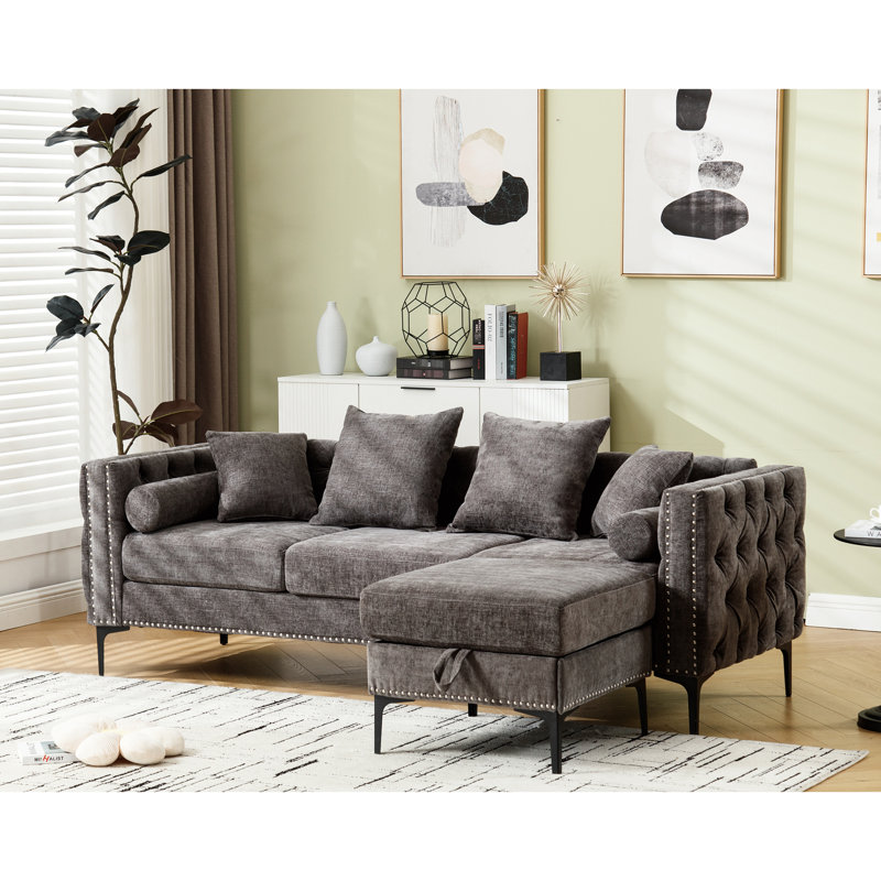 Chenille moderne à accoudoirs carrés, 3 places, gris foncé avec rangement modulaire gris, dossier, disponible, Gris foncé