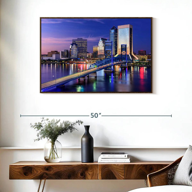 Paysage urbain de Jacksonville, 37 po x 25 po, Cadre flottant noyer