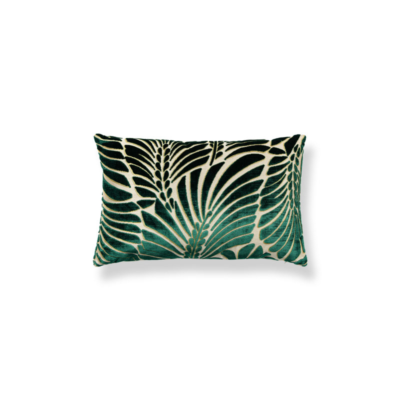 PLUMES / VELVET PILLOW, Viridian/Beige, 14" H x 22" W, Rectangular