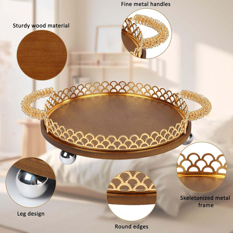Round Decorative Wooden Tray With Metal Handles 9 In Fish Scale Decorative Serving Trays Bottom Plush Suitable For Any Table Decoration Multifunctional Circular Tray With Handle
