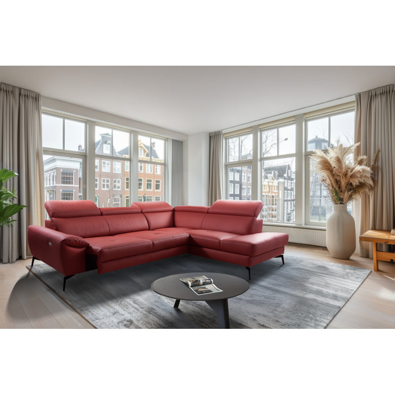 Alvoro Genuine Leather Corner Sofa with Electric Seat Extension & Adjustable Headrests, Red, Right Hand Facing