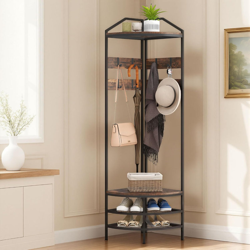 Corner Hall Tree, Industrial 4-Tier Coat Rack with Shoe Storage, 8 Movable Hooks and 2 Storage Shelves