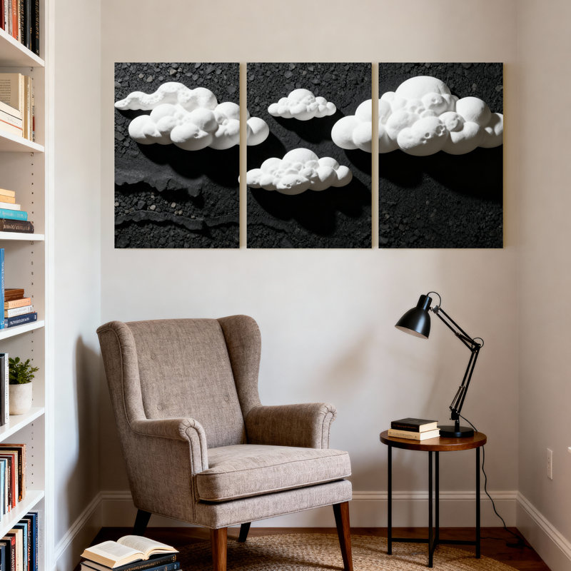 Abstrait nuages blancs sur fond noir, ensemble de 3 impressions sur toile