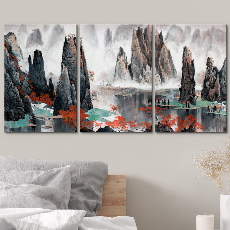 Paysage abstrait, paysage chinois, montagnes brumeuses et eau, décoration murale moderne, Toile tendue, H 24 po x l 48 po