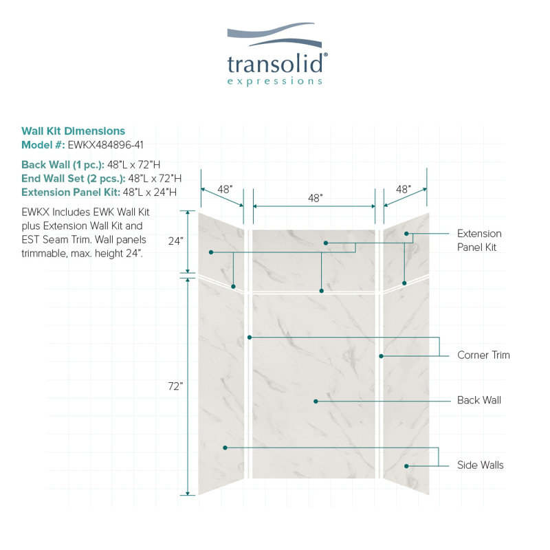 Expressions 6 Panel Shower Wall, Bianca, 96" H x 48" W x 48" D