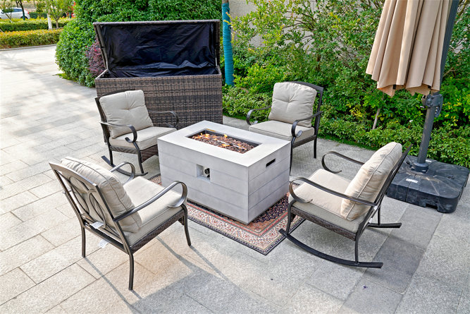 Cherry 4-Piece Gas Fire Pit Table Set , 2 Single Chairs, 2 Rocking Chairs And A A Storage Box