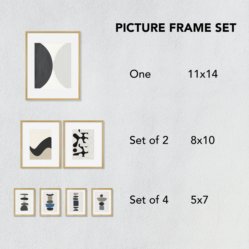 Metal Rectangular Picture Frame - Set of 7 with Mat, Gold