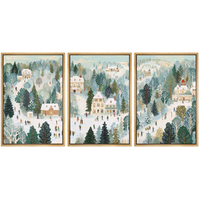 Whimsical Winter Village Landscape Cottage Forest Scene Wall Art Decor Framed On Canvas 3 Pieces Print