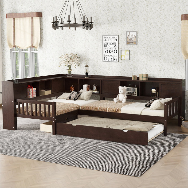 L-Shaped Platform Bed Twin Size With Trundle, Solid Wood Platform Bed With Storage Drawers And Shelves, No Spring Box Needed