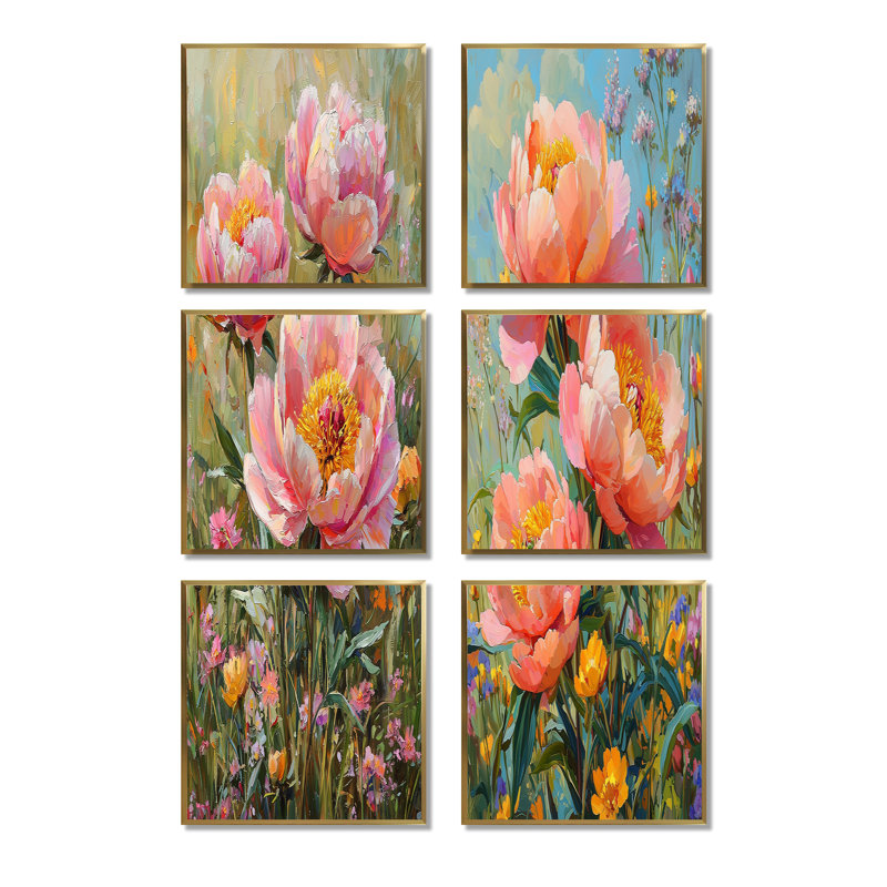 Pivoines dans un champ de fleurs sauvages - ensemble de 6 impressions murales florales, Doré