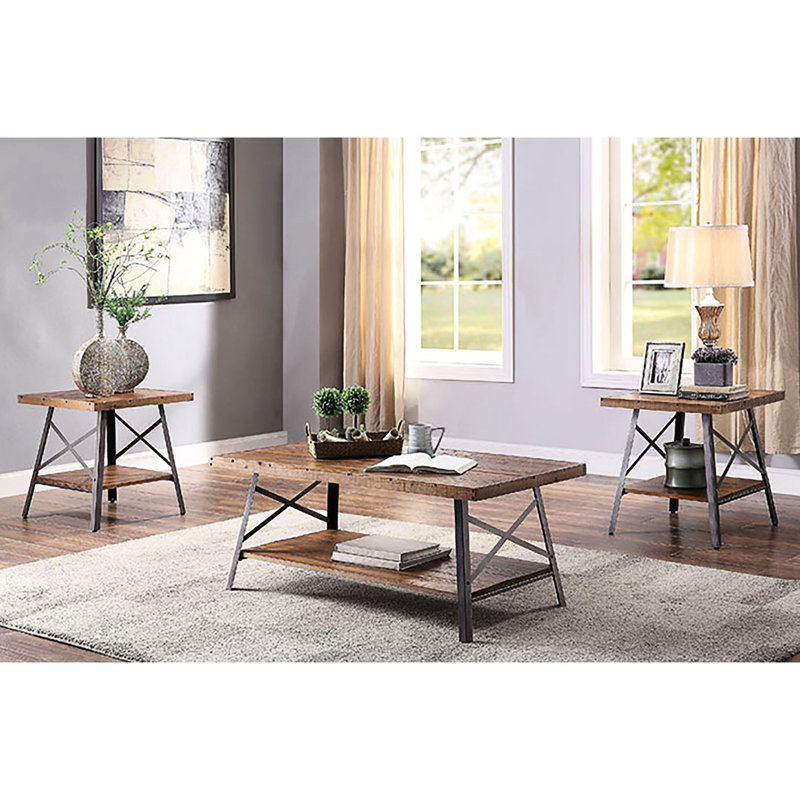 Table basse rectangulaire en chêne vieilli et noir sablé, fabrication en placage de pin, support de rangement en métal ouvert en métal, hauteur 19,5 po, largeur 48,5 po, profondeur rustique 24,5 po avec compartiment
